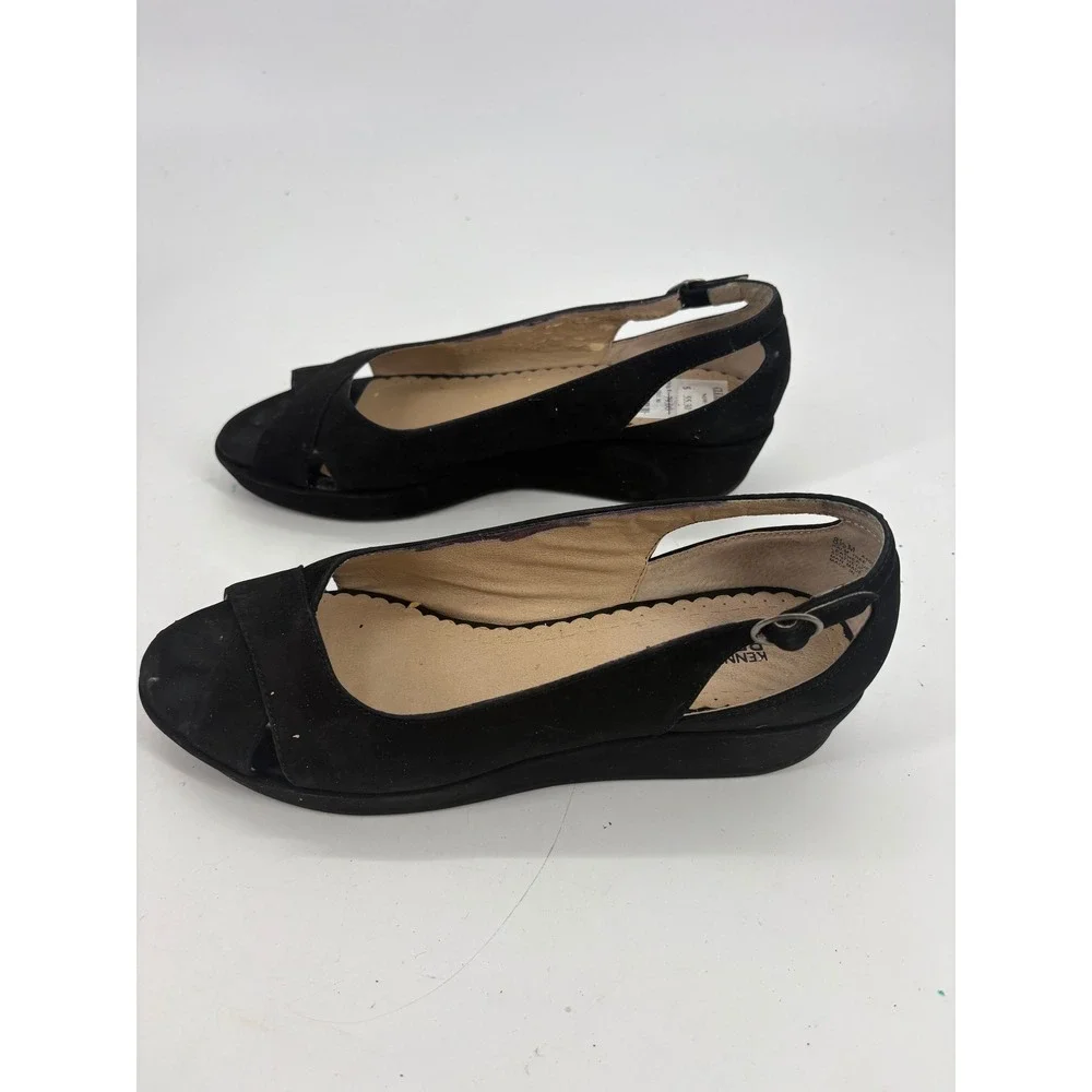 Kenneth Cole Reaction Wedge Sandals Womens 8.5 Palm Tree Black Leather Peep Toe